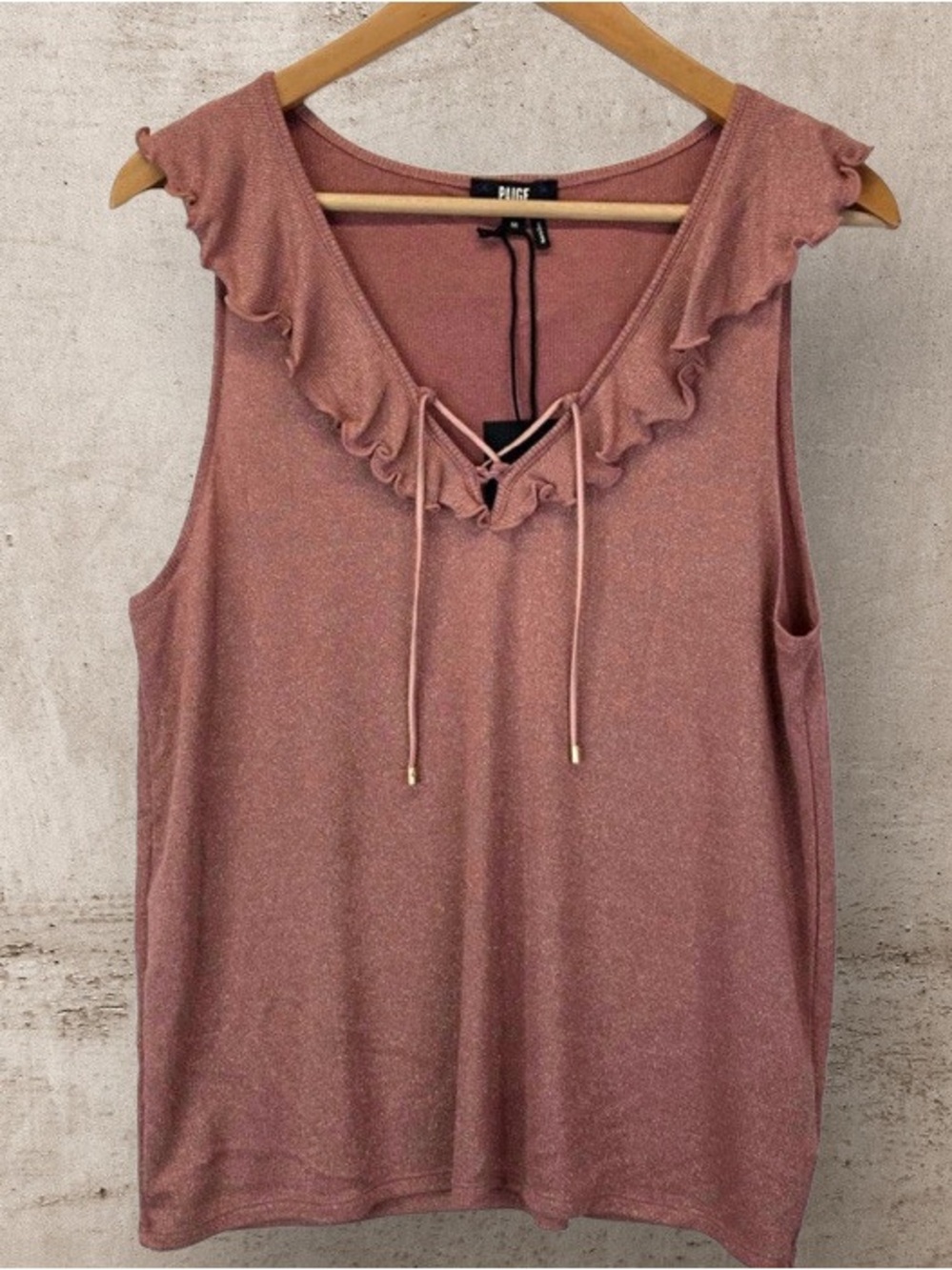 PAIGE L Pink Metallic Lurex Ruffle Tie Neck Sleeveless Top